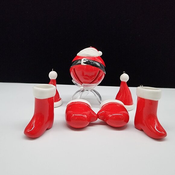 Ceramic Santa Christmas Ornaments 7 Pieces Including Santa Hat Mittens & Boots - Picture 2 of 6